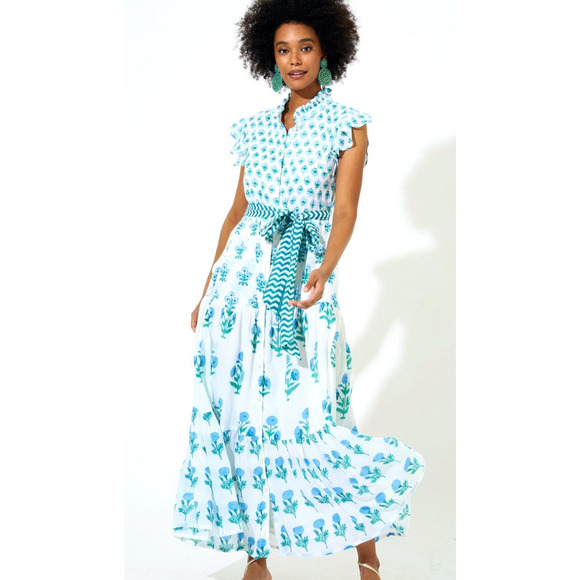 OLIPHANT Ruffle Collar Button Maxi Dress Blue White Block Print Tuckernuck M - Picture 2 of 9